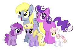 Size: 1154x762 | Tagged: safe, artist:rubyg242, derpy hooves, dinky hooves, screwball, oc, earth pony, pegasus, pony, unicorn, g4, base used, family, magical lesbian spawn, offspring, parent:derpy hooves, parent:screwball, parents:derpball, simple background, transparent background