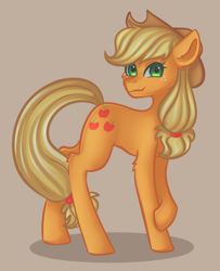 Size: 1332x1640 | Tagged: safe, artist:kurochhi, applejack, earth pony, pony, g4, applejack's hat, brown background, cowboy hat, female, freckles, full body, hat, hooves, looking at you, mare, shadow, simple background, smiling, smiling at you, solo, standing, tail