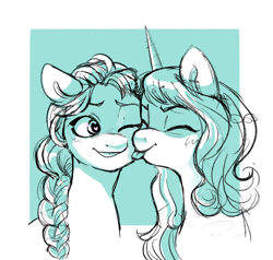 Size: 2374x2258 | Tagged: safe, artist:goulpaa, izzy moonbow, sunny starscout, earth pony, pony, unicorn, g5, eyes closed, female, heart eyes, high res, lesbian, licking, mare, mlem, monochrome, one eye closed, ship:moonscout, shipping, silly, tongue out, wingding eyes