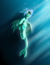 Size: 2144x2797 | Tagged: safe, artist:rolo, oc, oc only, oc:marina, merpony, pegasus, pony, crepuscular rays, female, high res, lidded eyes, mare, solo, underwater, water, wings