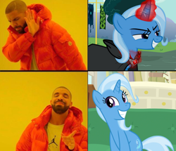 Size: 868x746 | Tagged: safe, artist:thegreatguy2000, edit, screencap, trixie, human, pony, unicorn, a horse shoe-in, g4, magic duel, alicorn amulet, aura, drake, evil trixie, glowing, glowing horn, horn, hotline bling, irl, irl human, magic, meme, photo, solo