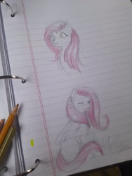 Size: 1536x2048 | Tagged: safe, artist:nileagalin, fluttershy, pegasus, pony, g4, eyes closed, female, lined paper, mare, paper, pencil, sketch, solo, traditional art