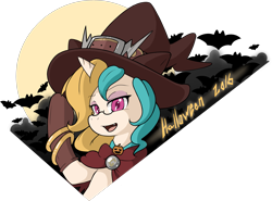 Size: 2459x1821 | Tagged: safe, artist:rolo, oc, oc only, oc:sunset rose, bat, pony, unicorn, 2016, belt buckle, bracelet, cloak, clothes, costume, eyeshadow, fangs, female, female focus, gloves, halloween, halloween costume, hat, holiday, jewelry, lidded eyes, looking at you, makeup, mare, open mouth, open smile, overwatch, simple background, smiling, solo, transparent background, two toned mane, witch hat