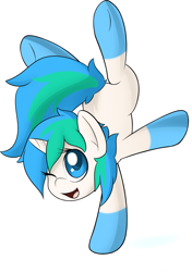 Size: 2000x2840 | Tagged: safe, artist:rolo, oc, oc only, pony, unicorn, 2012, female, handstand, high res, looking at you, mare, one eye closed, open mouth, open smile, simple background, smiling, solo, underhoof, upside down, white background, wink, winking at you