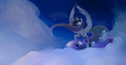 Size: 3726x1936 | Tagged: dead source, safe, artist:8bitamy, princess luna, alicorn, pony, g4, cloud, ethereal mane, flying, night, shooting star, solo, starry mane, stars, wings
