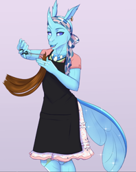 Size: 680x858 | Tagged: safe, artist:askbubblelee, oc, oc only, oc:imago, changedling, changeling, anthro, unguligrade anthro, anthro oc, changedling oc, changeling oc, clothes, digital art, ear piercing, earring, fangs, female, hair, haircut, jewelry, offscreen character, piercing, scissors, smiling, solo, what if