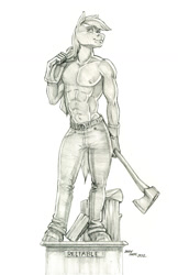 Size: 907x1397 | Tagged: safe, artist:baron engel, part of a set, big macintosh, earth pony, anthro, g4, axe, clothes, male, monochrome, part of a series, partial nudity, pencil drawing, solo, stallion, statue, topless, traditional art, weapon