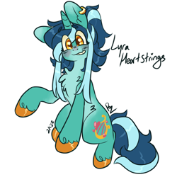 Size: 2000x2000 | Tagged: safe, artist:alicornfluttershy, lyra heartstrings, pony, unicorn, g4, alternate design, bangs, blue coat, blushing, chest fluff, colored hooves, ear piercing, earring, eye clipping through hair, gold hooves, high res, hooves, implied lesbian, implied lyrabon, implied shipping, jewelry, multicolored hair, piercing, redesign, ring, simple background, sitting, smiling, solo, stylized, unshorn fetlocks, wedding ring, white background, yellow eyes