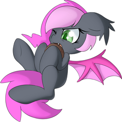 Size: 3316x3316 | Tagged: safe, artist:rolo, oc, oc only, bat pony, pony, 2014, biting, coconut, ear fluff, fangs, female, food, high res, mare, one eye closed, open mouth, simple background, solo, spread wings, underhoof, white background, wings