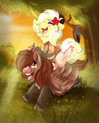 Size: 2000x2500 | Tagged: safe, artist:euspuche, oc, oc only, earth pony, pegasus, pony, bull horns, clothes, cloven hooves, costume, duo, female, flower, flower in hair, high res, horns, male, mare, oc riding oc, particles, ponies riding ponies, riding, stallion, tree
