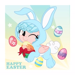Size: 2048x2048 | Tagged: safe, artist:jhayarr23, cozy glow, pegasus, pony, g4, animal costume, bow, bunny costume, clothes, commission, costume, cozybetes, cute, easter, easter egg, female, filly, foal, hair bow, high res, holiday, kigurumi, one eye closed, solo, wink, ych result