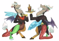 Size: 2263x1600 | Tagged: safe, artist:grecha, discord, draconequus, g4, alcohol, arm behind back, butler, clothes, dripcord, fangs, glass, looking back, male, platter, shot glass, simple background, smiling, solo, spread wings, suit, tail, white background, wings