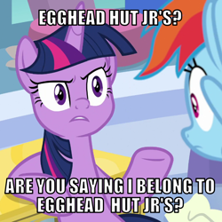 Size: 600x600 | Tagged: safe, edit, edited screencap, editor:twi clown, screencap, rainbow dash, twilight sparkle, alicorn, pegasus, pony, g4, season 9, the ending of the end, caption, cropped, duo, duo female, egghead, female, frown, image macro, looking at each other, looking at someone, mare, no weenies allowed, spongebob squarepants, spread wings, text, twilight sparkle (alicorn), wings