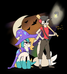 Size: 2929x3221 | Tagged: safe, artist:rolo, oc, oc:sam, oc:sunset rose, bat, ferret, pony, unicorn, anthro, plantigrade anthro, 2017, baseball bat, cape, clothes, coat markings, costume, crescent moon, doorbell, duo, duo female, female, furry, furry oc, glasses, grin, halloween, halloween costume, hand on hip, hat, headset, high res, holiday, lidded eyes, lightbulb, mare, moon, non-mlp oc, pants, scout, shirt, shoes, smiling, socks (coat markings), tail, trixie's cape, trixie's hat, unamused