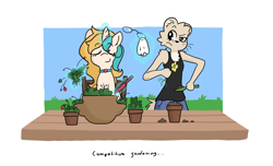 Size: 4096x2484 | Tagged: safe, artist:rolo, oc, oc only, oc:sam, oc:sunset rose, ferret, pony, unicorn, anthro, chest fluff, choker, cleaning, clothes, competition, duo, duo female, female, flower, furry, furry oc, gardening, glasses, levitation, magic, mare, non-mlp oc, outdoors, pants, plant, potted plant, raised eyebrow, shirt, shoulder fluff, smiling, tail, telekinesis, trowel, two toned mane