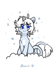 Size: 1508x2048 | Tagged: safe, artist:rolo, oc, oc only, oc:auril avalanche, pony, unicorn, blushing, chest fluff, ear fluff, female, leonine tail, mare, shoulder fluff, sitting, smiling, snow, snowflake, solo, tail