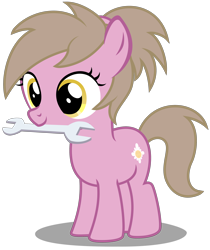 Size: 2670x3180 | Tagged: safe, artist:strategypony, oc, oc only, oc:reppy, earth pony, pony, cute, earth pony oc, female, filly, foal, high res, mouth hold, ponytail, simple background, transparent background, wrench