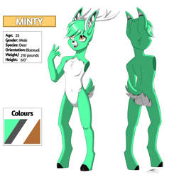 Size: 3000x3057 | Tagged: safe, artist:melodytheartpony, oc, deer, anthro, antlers, ass, back freckles, butt, butt freckles, chest fluff, commission, deer oc, fluffy, freckles, high res, male, markings, reference sheet, signature, simple background, solo, white background