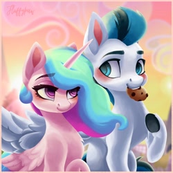 Size: 4000x4000 | Tagged: safe, artist:mishi_ovo, princess celestia, oc, alicorn, pegasus, pony, g4, canon x oc, commission, cookie, couple, duo, fanfic art, food, love, pegasus oc, shipping, ych result