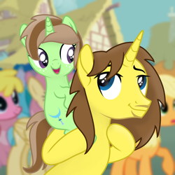 Size: 1920x1920 | Tagged: safe, artist:grapefruit-face, applejack, cherry berry, oc, oc only, oc:grapefruit face, oc:limey lulamoon, pony, unicorn, g4, crowd, father and child, father and daughter, female, filly, foal, looking at each other, looking at someone, male, offspring, parent:oc:grapefruit face, parent:trixie, parents:canon x oc, parents:grapexie, piggyback ride, show accurate, wholesome