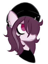 Size: 502x659 | Tagged: safe, artist:alandisc, oc, oc only, oc:zak, pony, beanie, black shirt, bust, clothes, ear piercing, emo, eyeliner, hair over one eye, hat, makeup, male, piercing, simple background, solo, trap, white background