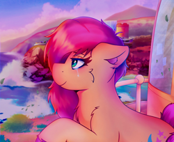 Size: 3020x2470 | Tagged: safe, artist:legionsunite, sunny starscout, earth pony, pony, g5, my little pony: a new generation, cliff, female, happy, high res, leaves, lighthouse, maretime bay, messy mane, ocean, scenery, sunrise, teary eyes, water, wave
