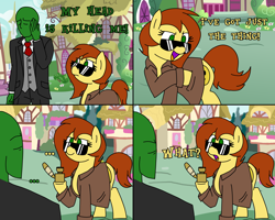 Size: 5000x4000 | Tagged: safe, artist:legendoflink, oc, oc only, oc:anon, oc:postal mare, earth pony, human, pony, ..., 4 panel comic, absurd resolution, angry, clothes, comic, crack, crack pipe, dialogue, drugs, drugs are bad mmmkay?, duo, earth pony oc, female, hoof hold, human oc, male, mare, necktie, open mouth, open smile, outdoors, pipe, ponyville, postal, postal 2, postal dude, rule 63, smiling, suit, sunglasses, trenchcoat