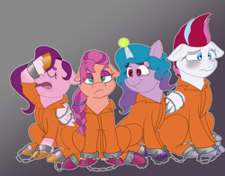 Size: 3000x2347 | Tagged: safe, artist:radicalhat, izzy moonbow, pipp petals, sunny starscout, zipp storm, earth pony, pegasus, pony, unicorn, g5, ball, bound wings, clothes, cuffed, cuffs, high res, izzy's tennis ball, prison outfit, prisoner im, prisoner pipp, prisoner ss, prisoner zipp, shackles, sitting, tennis ball, varying degrees of want, wings
