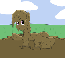 Size: 1800x1600 | Tagged: safe, artist:amateur-draw, oc, oc:belle boue, pony, unicorn, covered in mud, male, mud, mud bath, mud play, mud pony, muddy, solo, stallion, wet and messy