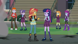 Size: 3410x1920 | Tagged: safe, screencap, heath burns, sci-twi, sunset shimmer, suri polomare, twilight sparkle, equestria girls, g4, my little pony equestria girls: friendship games, boots, canterlot high, clothes, crying, female, high heel boots, high res, jacket, leather, leather jacket, male, sad, shoes