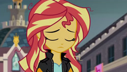 Size: 3410x1920 | Tagged: safe, screencap, sunset shimmer, equestria girls, g4, my little pony equestria girls: friendship games, canterlot high, clothes, eyes closed, female, high res, jacket, leather, leather jacket, solo