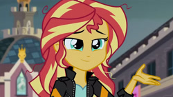 Size: 3410x1920 | Tagged: safe, screencap, sunset shimmer, equestria girls, g4, my little pony equestria girls: friendship games, canterlot high, clothes, female, high res, jacket, leather, leather jacket, smiling, solo