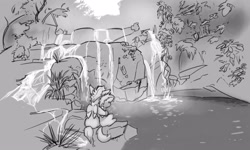 Size: 5000x3000 | Tagged: safe, artist:captainhoers, oc, oc only, oc:light touch, pegasus, pony, duo, facing away, grayscale, hug, monochrome, oasis, water, waterfall