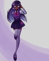 Size: 1080x1350 | Tagged: safe, artist:strawbunnyarts, twilight sparkle, human, g4, best pony, bowtie, clothes, dark skin, female, full body, glasses, humanized, looking up, mary janes, purple eyes, shoes, simple background, skirt, smiling, socks, solo, sparkles, sweater vest, thigh highs, zettai ryouiki