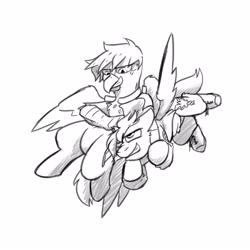 Size: 4000x4000 | Tagged: safe, artist:captainhoers, oc, oc only, oc:concorde, griffon, pegasus, pony, duo, grayscale, griffon oc, grin, headlock, monochrome, noogie, offspring, parent:soarin', parent:spitfire, parents:soarinfire, simple background, smiling, white background