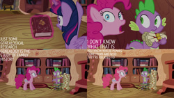 Size: 1280x720 | Tagged: safe, edit, edited screencap, editor:quoterific, screencap, pinkie pie, spike, twilight sparkle, alicorn, dragon, earth pony, pony, g4, pinkie apple pie, season 4, book, female, golden oaks library, magic, male, mare, open mouth, open smile, scroll, smiling, telekinesis, text, twilight sparkle (alicorn)