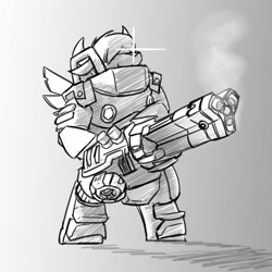 Size: 4000x4000 | Tagged: safe, artist:captainhoers, oc, oc only, yak, anthro, unguligrade anthro, armor, deep rock galactic, glowing, glowing eyes, grayscale, gun, minigun, monochrome, solo, weapon, yak oc