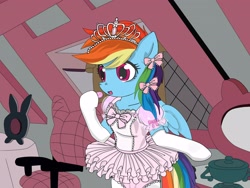 Size: 3200x2400 | Tagged: safe, artist:avchonline, rainbow dash, pegasus, semi-anthro, g4, alice in wonderland, arm hooves, ballerina, clothes, crossover, cute, dashabetes, disney, dress, female, food, high res, jewelry, mare, multicolored hair, panties, pink panties, puffy sleeves, rainbow dash always dresses in style, rainbowrina, solo, tiara, underwear