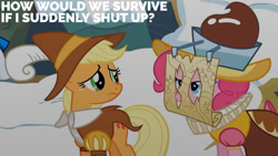 Size: 1280x720 | Tagged: safe, edit, edited screencap, editor:quoterific, screencap, applejack, chancellor puddinghead, pinkie pie, smart cookie, earth pony, pony, g4, hearth's warming eve (episode), my little pony: friendship is magic, season 2, duo, female, mare, snow, text