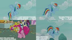 Size: 1280x720 | Tagged: safe, edit, edited screencap, editor:quoterific, screencap, bon bon, comet tail, pinkie pie, rainbow dash, sweetie drops, earth pony, pegasus, pony, unicorn, g4, season 7, secrets and pies, female, floppy ears, flying, food, male, mare, open mouth, open smile, pie, smiling, spread wings, stallion, text, wings