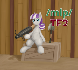 Size: 3683x3280 | Tagged: safe, artist:wapamario63, twilight velvet, pony, unicorn, g4, /mlp/ tf2 general, belly button, box, crossover, female, high res, hoof hold, looking at you, mare, rocket launcher, shovel, sitting, smiling, smiling at you, soldier, soldier (tf2), solo, team fortress 2