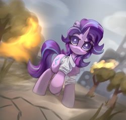 Size: 3008x2863 | Tagged: safe, artist:jfrxd, starlight glimmer, pony, unicorn, g4, clothes, female, fire, high res, looking at you, mare, shirt, solo, tree, white pupils