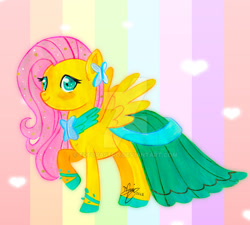 Size: 900x810 | Tagged: safe, artist:fofurastro, fluttershy, pegasus, pony, g4, blushing, clothes, cute, deviantart watermark, dress, gala dress, heart, obtrusive watermark, rainbow background, redraw, shyabetes, solo, traditional art, watermark