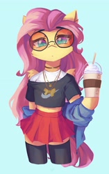 Size: 2576x4096 | Tagged: safe, artist:saxopi, fluttershy, pegasus, semi-anthro, g4, arm hooves, belly, belly button, blue background, cheek fluff, clothes, colored pupils, drinking straw, eyebrows, eyebrows visible through hair, eyelashes, female, glasses, high res, jewelry, leggings, looking at you, milkshake, nike, pendant, plastic cup, product placement, round glasses, simple background, skirt, solo, standing, sunglasses, wing fluff, wings, zettai ryouiki