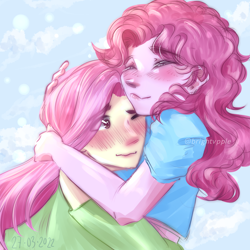 Size: 2500x2500 | Tagged: safe, artist:rmariansj, fluttershy, pinkie pie, human, g4, blushing, blushing profusely, duo, duo female, eyes closed, female, high res, hug, humanized, lesbian, one eye closed, pony coloring, ship:flutterpie, shipping, smiling, wavy mouth