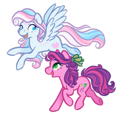 Size: 1905x1821 | Tagged: safe, artist:howdyhorsey, skywishes, star catcher, earth pony, pegasus, pony, g3, blue hair, bow, curly hair, cutewishes, duo, duo female, female, flying, hair bow, happy, lesbian, long mane, looking at each other, looking at someone, mare, multicolored hair, multicolored mane, pink coat, pink hair, purple hair, running, ship:skycatcher, shipping, simple background, smiling, stylized, transparent background, white coat, white hair