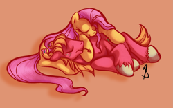 Size: 3053x1900 | Tagged: safe, artist:littletiger488, color edit, edit, big macintosh, fluttershy, earth pony, pony, g4, brown background, colored, cuddling, female, lying down, male, mare, ship:fluttermac, shipping, simple background, sleeping, smiling, stallion, straight, straw in mouth