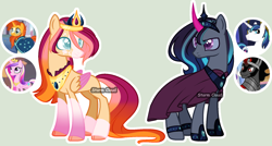 Size: 1896x1016 | Tagged: safe, artist:stormcloud-yt, king sombra, princess cadance, shining armor, sunburst, oc, pegasus, pony, unicorn, g4, base used, cloak, clothes, colored wings, female, horn, looking back, magical gay spawn, male, mare, offspring, parent:king sombra, parent:princess cadance, parent:shining armor, parent:sunburst, parents:shiningsombra, parents:sundence, pegasus oc, peytral, screencap reference, simple background, stallion, two toned wings, unicorn oc, wings