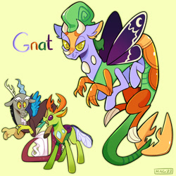 Size: 1280x1280 | Tagged: safe, artist:3ggmilky, discord, thorax, oc, oc:gnat, changedling, changeling, draconequus, g4, changeling king, discorax, gay, interspecies offspring, king thorax, magical gay spawn, male, next generation, offspring, parent:discord, parent:thorax, parents:discorax, simple background, yellow background