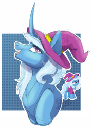 Size: 1375x1924 | Tagged: safe, artist:stormcloud-yt, trixie, pony, unicorn, g4, abstract background, bust, curved horn, female, hat, horn, looking at you, mare, smiling, solo, witch hat